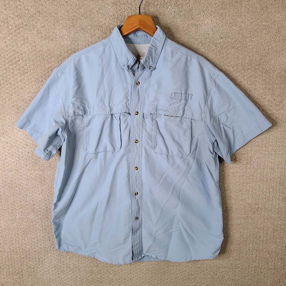L.L. Bean Shirt Men L Blue Button Down Fishing Nylon Blend Short Sleeve Outdoors